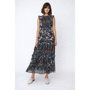 Banjanan Dress Iris Dawn Chorus Floral Smocked Ruffle Tiered‎ Maxi Black XL READ